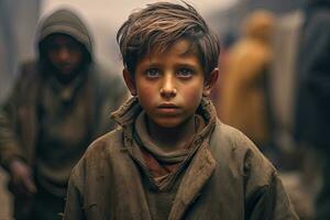 un' povero fissando Affamato orfano ragazzo nel un' profugo campo con un' triste espressione su il suo viso e il suo viso e Abiti siamo sporco e il suo occhi siamo pieno di dolore. generativo ai foto
