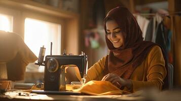 un' contento giovane musulmano moda progettista utilizzando cucire macchina nel sua officina. generativo ai foto