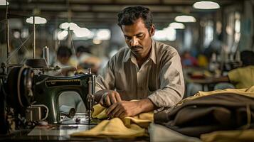 un' sarto Lavorando nel un' gli sport merce fabbricante fabbrica nel India. generativo ai foto