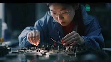 un' donna è utilizzando pinza per montare stampato circuito tavola per smartphone. elettronica fabbrica lavoratori nel un' alto Tech fabbrica facilità. generativo ai foto