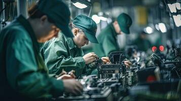 un' donna è utilizzando pinza per montare stampato circuito tavola per smartphone. elettronica fabbrica lavoratori nel un' alto Tech fabbrica facilità. generativo ai foto