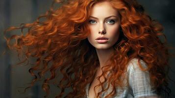 un' bellissimo modello ragazza con lungo rosso Riccio capelli. rosso testa. generativo ai foto