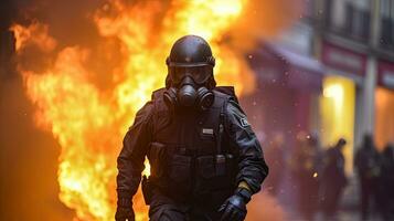 un' speciale forze ufficiale fugge a partire dal fuoco a un' protesta. generativo ai foto