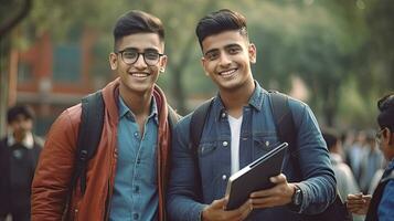 un' alunno e uomo nel Università pronto per indietro per scuola apprendimento, obiettivi o obiettivi. borsa di studio, formazione scolastica e felice, fiducioso e orgoglioso maschio a partire dal India Tenere tavoletta per studiando. generativo ai foto