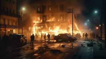 rivoluzionario Rivolte e proteste. ardente edificio e macchine nel il città. speciale vigore polizia con attrezzatura attraente manifestanti nel il notte. generativo ai foto