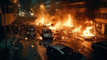 rivoluzionario Rivolte e proteste. ardente edificio e macchine nel il città. speciale vigore polizia con attrezzatura attraente manifestanti nel il notte. generativo ai foto