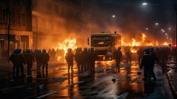 rivoluzionario Rivolte e proteste. ardente edificio e macchine nel il città. speciale vigore polizia con attrezzatura attraente manifestanti nel il notte. generativo ai foto