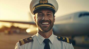 allegro piloti, un' giovane uomo linea aerea lavoratore toccante Capitano cappello e sorridente mentre in piedi nel campo di aviazione con aereo su sfondo. generativo ai foto