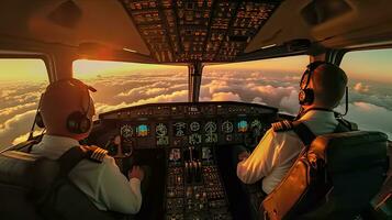 piloti volare il aereo. Visualizza a partire dal il cabina di pilotaggio di un' moderno passeggeri aereo su il nuvole dietro a il aereo finestra. generativo ai foto