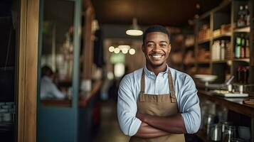 ritratto di contento africano americano uomo in piedi a portone di sua negozio. allegro maturo cameriera in attesa per clienti a caffè negozio. piccolo attività commerciale proprietario. generativo ai foto