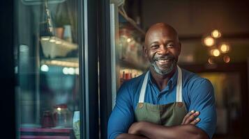 ritratto di contento africano americano uomo in piedi a portone di sua negozio. allegro maturo cameriera in attesa per clienti a caffè negozio. piccolo attività commerciale proprietario. generativo ai foto