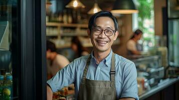 ritratto di contento asiatico uomo in piedi a portone di sua negozio. allegro maturo cameriera in attesa per clienti a caffè negozio. piccolo attività commerciale proprietario. generativo ai foto