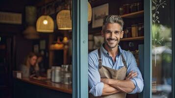 ritratto di contento giovane uomo in piedi a portone di sua negozio. allegro maturo cameriera in attesa per clienti a caffè negozio. piccolo attività commerciale proprietario. generativo ai foto