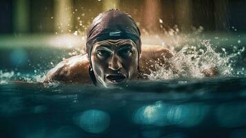 professionale nuotatore, nuoto gara, interno piscina. generativo ai foto