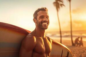 allegro uomo con un' tavola da surf a il spiaggia. Surf. generativo ai foto