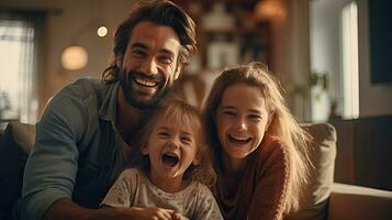 allegro famiglia di tre avendo divertimento insieme nel vivente camera a casa. generativo ai foto