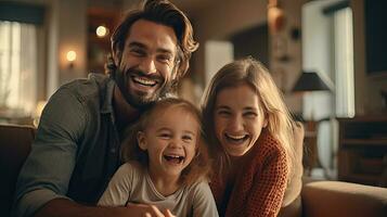 allegro famiglia di tre avendo divertimento insieme nel vivente camera a casa. generativo ai foto