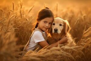 un' poco ragazza abbracciare d'oro cane nel il campo nel estate giorno insieme. carino bambino con cagnetto animale domestico ritratto a natura nel il mattina. allegro. generativo ai foto