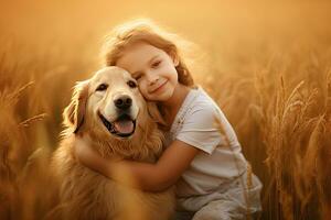 un' poco ragazza abbracciare d'oro cane nel il campo nel estate giorno insieme. carino bambino con cagnetto animale domestico ritratto a natura nel il mattina. allegro. generativo ai foto