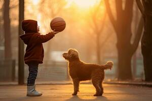 un' bambino avendo divertimento all'aperto con cane e pallacanestro sfera. generativo ai foto