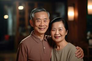 asiatico anziano coppia sensazione contento sorridente e guardare per telecamera nel vivente camera a casa. generativo ai foto