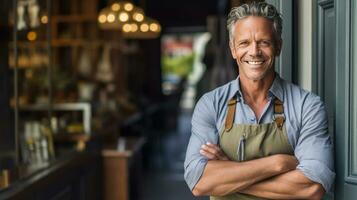 un' piccolo attività commerciale proprietario sorrisi a il davanti porta con il suo braccia incrociato. generativo ai foto