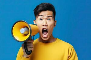 Wow viso di asiatico giovane uomo indossa blu camicia hold urlare nel megafono annuncia sconti vendita fretta su isolato su pianura giallo sfondo. generativo ai foto