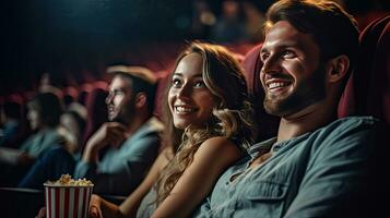 un' giovane gioioso coppia nel il cinema, Guardando un eccitante film. cinema concetto. generativo ai foto