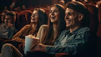 gruppo di allegro persone ridendo mentre Guardando film nel cinema. concetto di ricreazione e intrattenimento. generativo ai foto