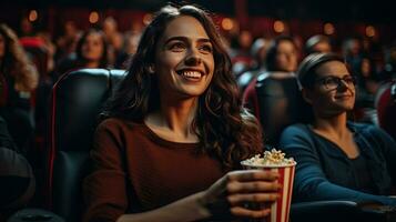 giovane donna con amici Guardando film nel cinema e ridendo con popcorn e bevande. cinema concetto. generativo ai foto