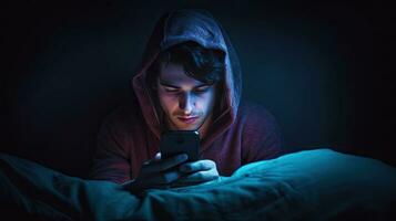 solo, immotivato giovane uomo nel letto fissando a smartphone schermo, soffrire a partire dal dormire disordine. vita apatia. generativo ai foto