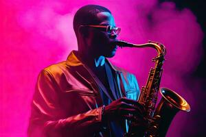 africano americano bello jazz musicista giocando il sassofono nel il studio su un' neon sfondo. musica concetto. generativo ai foto