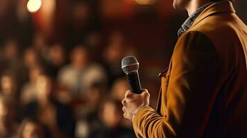 un' altoparlante con microfono nel davanti di pubblico. commedia musica e Teatro vivere prestazione. seminario o conferenza. generale incontro. generativo ai foto