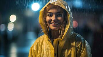 allegro donna in piedi nel il strada nel pioggia cappotto. generativo ai foto