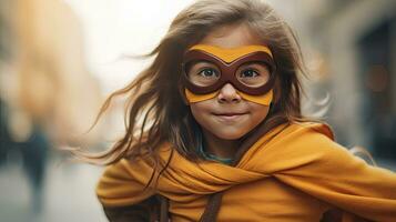 divertente carino ragazza nel supereroe costume. generativo ai foto