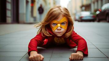 divertente carino ragazza nel supereroe costume. generativo ai foto