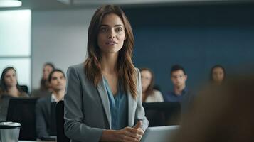 un' fiducioso femmina esecutivo magistralmente consegna un' attività commerciale presentazione nel un' sala riunioni, coinvolgente sua pubblico durante un Informativo officina. conoscenza trasferimento concetto. generativo ai foto