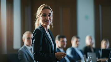 un' fiducioso femmina esecutivo magistralmente consegna un' attività commerciale presentazione nel un' sala riunioni, coinvolgente sua pubblico durante un Informativo officina. conoscenza trasferimento concetto. generativo ai foto