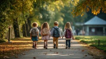 gruppo di divertente giovane bambini a piedi insieme nel amicizia, su loro primo giorno di scuola, indietro per scuola concetto. generativo ai foto