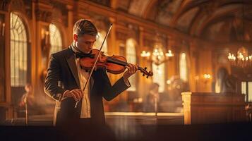 un' musicista giocando violino nel pubblico. musicale concetto. generativo ai foto