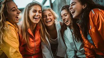 gruppo di giovane donne ridendo felicemente, vestito nel abbigliamento sportivo. gli sport, fitness e amicizia. generativo ai foto