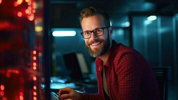 esso ingegnere lavori su un' il computer portatile computer. lui Guarda a il telecamera con Sorridi. dati protezione ingegneria Rete per informatica sicurezza nel grande nube calcolo server azienda agricola. generativo ai foto