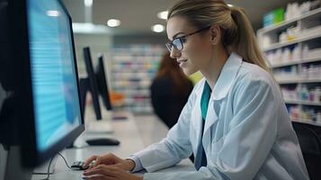 un' femmina farmacista Lavorando nel chimico negozio o farmacia. farmacista utilizzando il computer a il farmacia. generativo ai foto