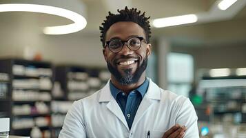 professionale fiducioso nero farmacista indossare laboratorio cappotto e occhiali, croci braccia e sembra a telecamera sorridente affascinante nel un' farmacia negozio. generativo ai foto