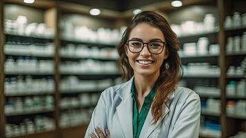 sorridente ritratto di un' bellissimo farmacista nel un' farmacia negozio. generativo ai foto