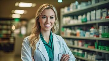 sorridente ritratto di un' bellissimo farmacista nel un' farmacia negozio. generativo ai foto