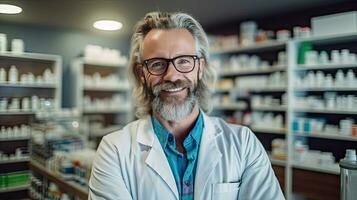 sorridente ritratto di un' bello farmacista nel un' farmacia negozio. generativo ai foto