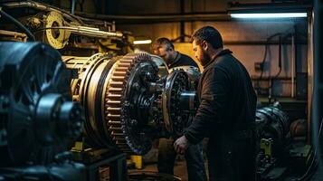 Due lavoratori ispezionando e mantenimento macchinari nel un industriale Manutenzione laboratorio a fabbrica. generativo ai foto