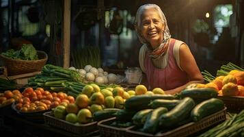 gioioso venditore anziano donna Lavorando nel frutta negozio. generativo ai foto