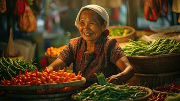 gioioso venditore anziano donna Lavorando nel frutta negozio. generativo ai foto